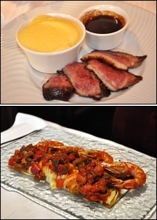 Photo restaurant paris Le Bistro Champêtre - Magret de Canard du Sud-Ouest Rôti et Gambas à la Plancha Façon Basquaise.