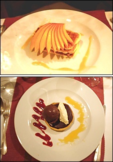 Photo restaurant paris Le Carré de Marguerite - Millefeuille à la mangue, coulis à l’orange et tartelette au chocolat.
