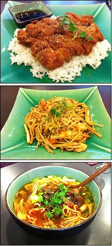 Photo restaurant paris Lakou - Poulet frit, Udon saut� aux fruits de mer et Ramen