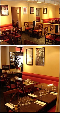 Photo restaurant paris Le Renoir - Banquettes rouges<br>et tableaux contemporains