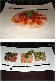 Photo restaurant paris Le Bizen - Drapé de carpaccio de St-Jacques et<br>Tartares de saumon, dorade et thon