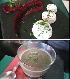 Photo restaurant paris Les Fontaines - Mousse de chèvre et betterave et Soupe d’aubergines