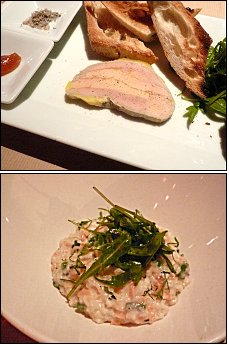 Photo restaurant paris On Cherche Encore - Terrine de foie gras et Risotto de saumon fum�