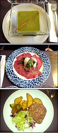 Photo restaurant paris Victor - Velouté de petits pois a la menthe fraiche<br>Carpaccio et tartare au couteau