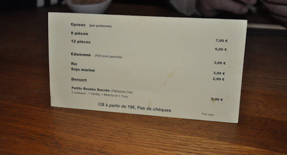 Restaurant Gyoza Bar - La carte est minimaliste