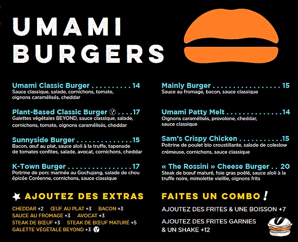 Restaurant Umami Burger - Menu des Hamburgers