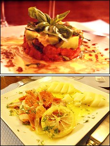 Photo restaurant paris A l'Impasse - Tartare de tomates et avocat au basilic<br>et Saumon cru mariné facon Hareng