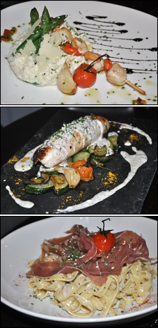 Photo restaurant paris O'Gamines - Brochette de Saint-Jacques, ballotine de poulet et tagliatelles crème de champignon.