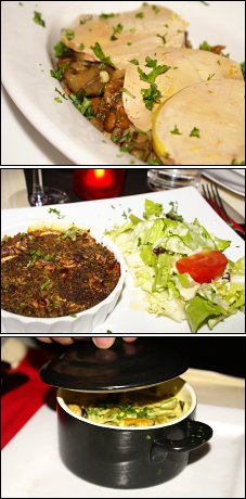 Photo restaurant paris Sous-Rire - Poelée de champignons au foie gras, Crumble de tomates au basilic et Cassolette de moules et asperges.